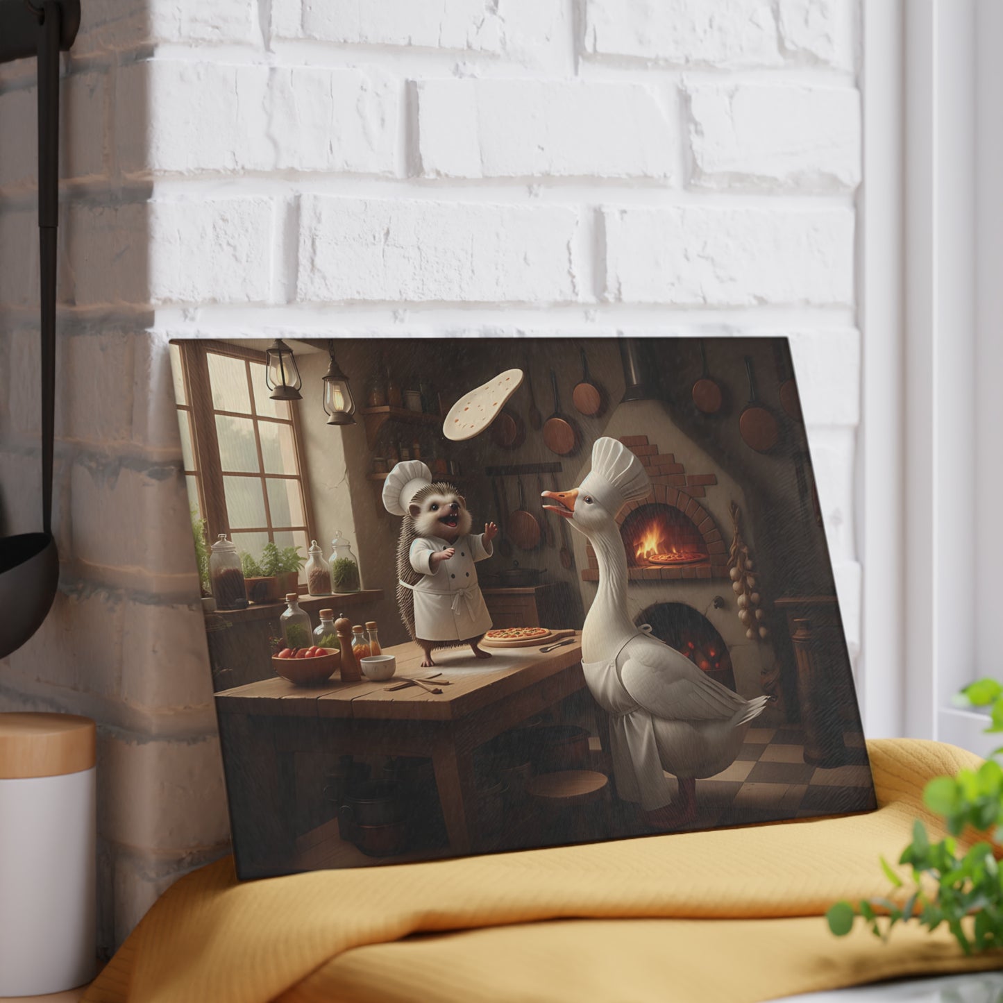 Whimsical Chef Goose & Hedgehog Glass Cutting Board — Cute Kitchen Art