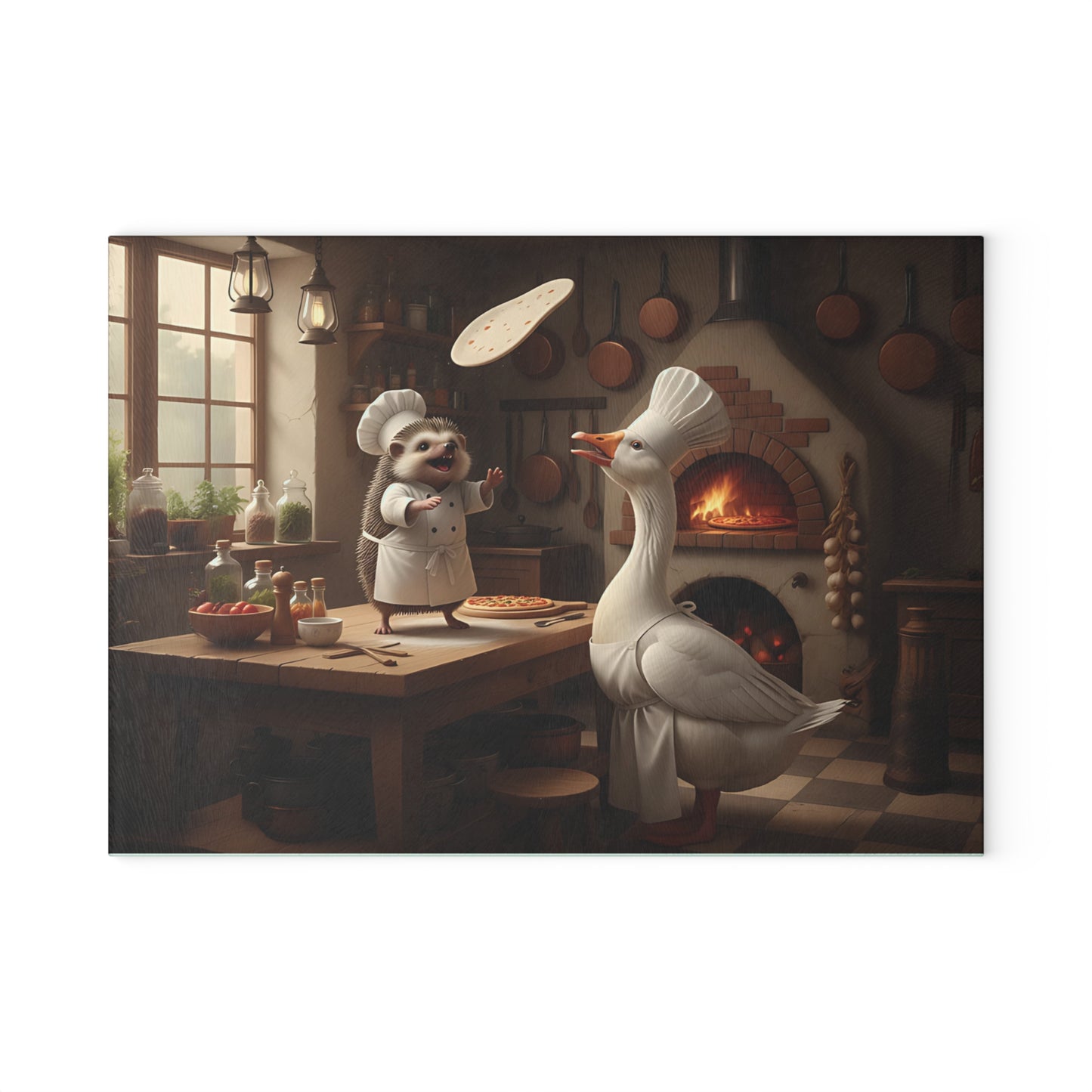 Whimsical Chef Goose & Hedgehog Glass Cutting Board — Cute Kitchen Art