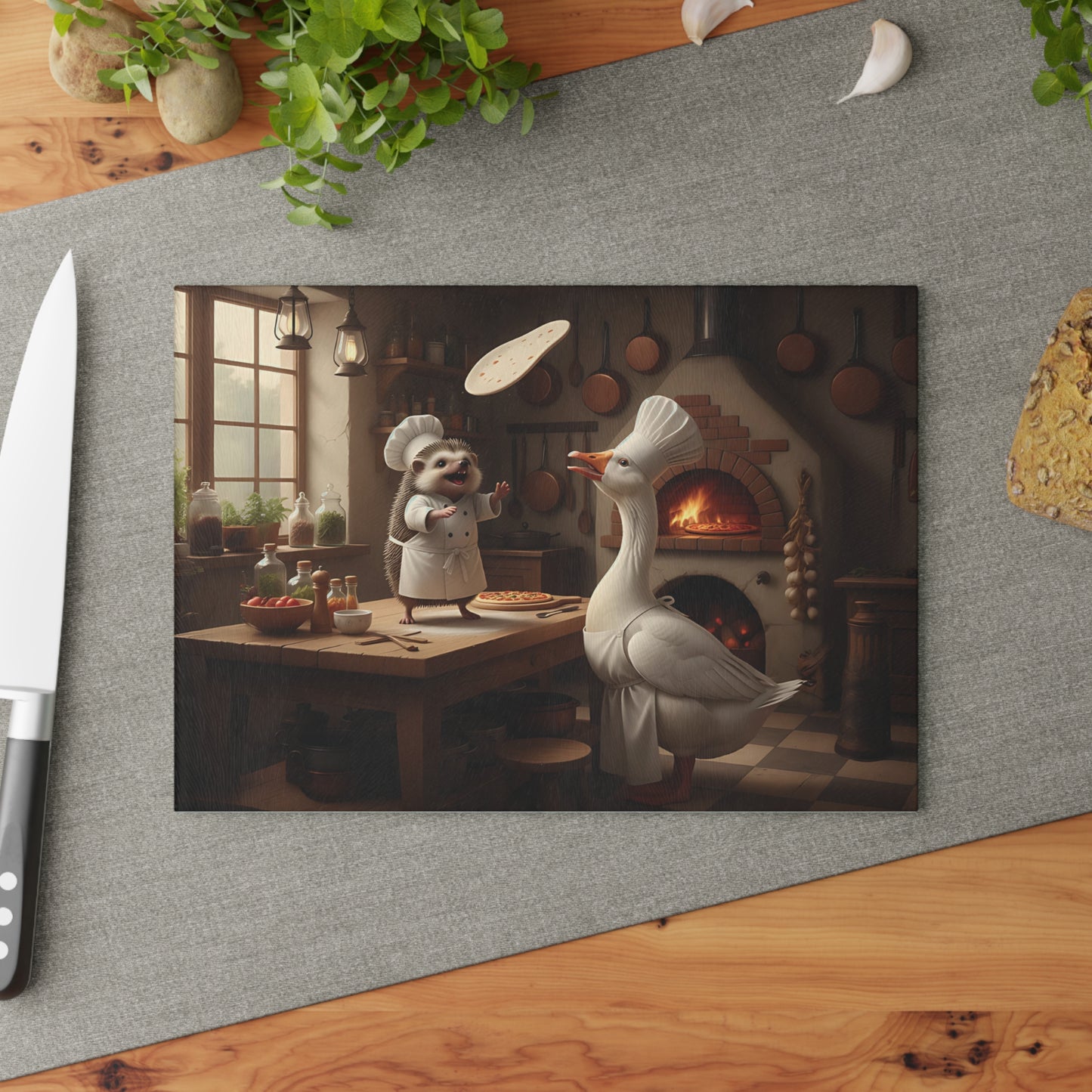 Whimsical Chef Goose & Hedgehog Glass Cutting Board — Cute Kitchen Art