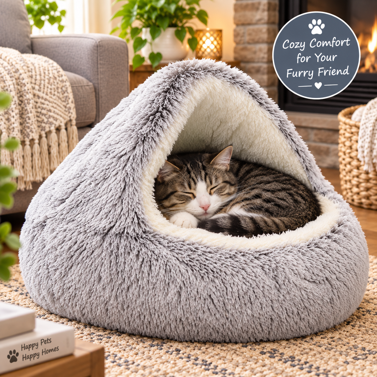 Cat Bed Round Fluffy Hooded Cat Bed Donut Cave with Non-collapsed Plush Cover for Indoor Cats Calming Dog Beds Anti-Slip Waterproof Bottom (24inch Coffee)