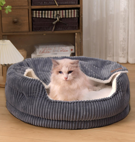 OMLIVLIES Cat Beds for Indoor Catswith Soft Hooded Blanket.Comfortable Cute cat BedRemovable Inner pad Washable with Non-Slip BottomCozy Kitten、Small Dog Bed (Dark Grey)